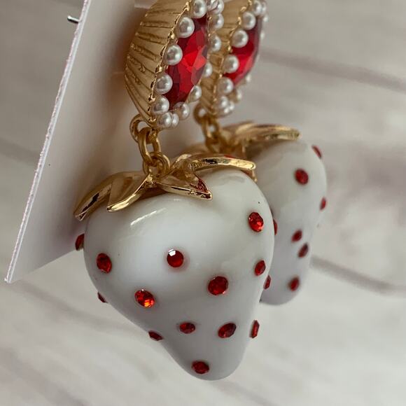 Betsey Johnson White Strawberry Earrings with Red Jewels and Faux Pearls - Picture 7 of 11